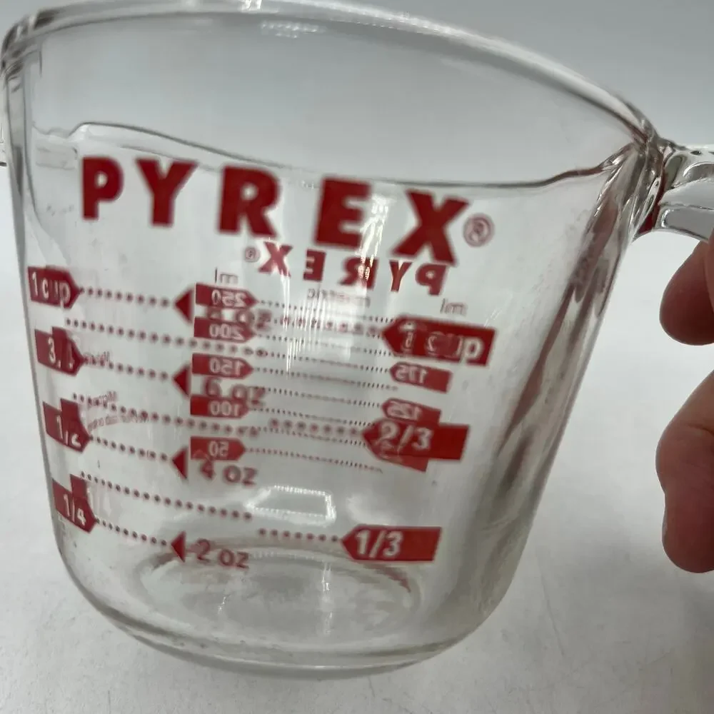 Vintage Pyrex 1 Cup Measuring Cup L Handle Red Lettering Corning USA Glass AS IS